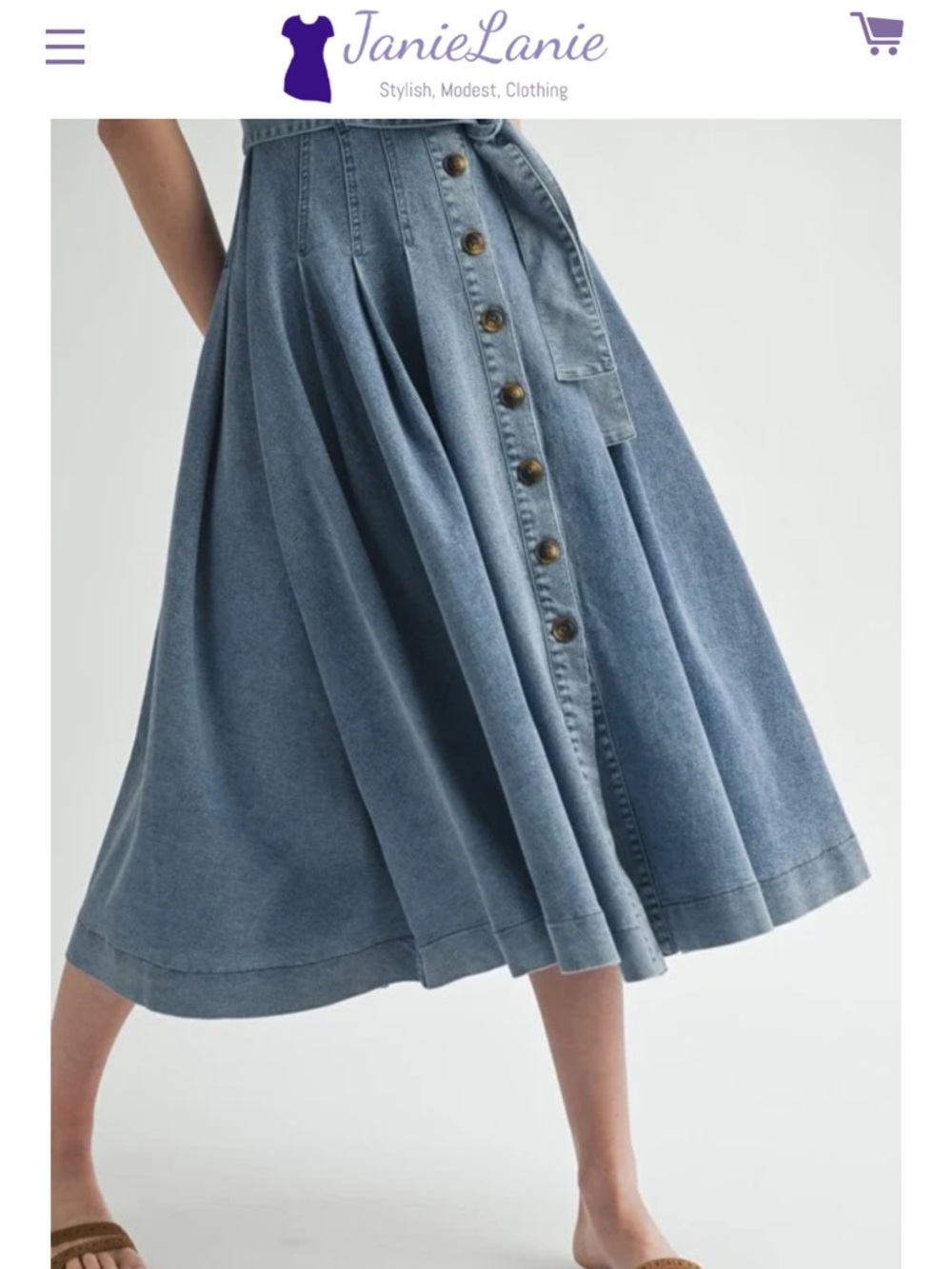 Button-Front Light Blue Denim Midi Dress with Tie Waist - Picture 6 of 11